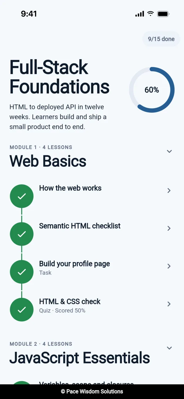 Course roadmap showing completed lessons, a task and a quiz in the Web Basics module